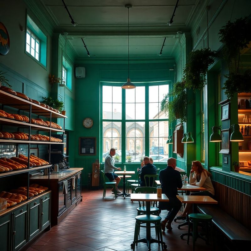 Interior cálido de la cafetería con estantes de madera y luz natural